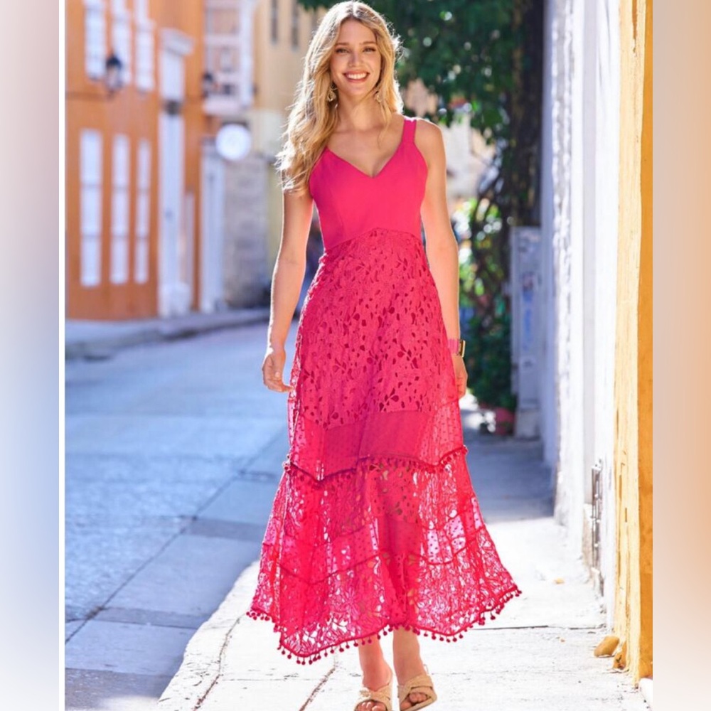 Boston Proper Maxi Dress Mixed Media Lace Pom Pom Sleeveless Hot Pink Size L